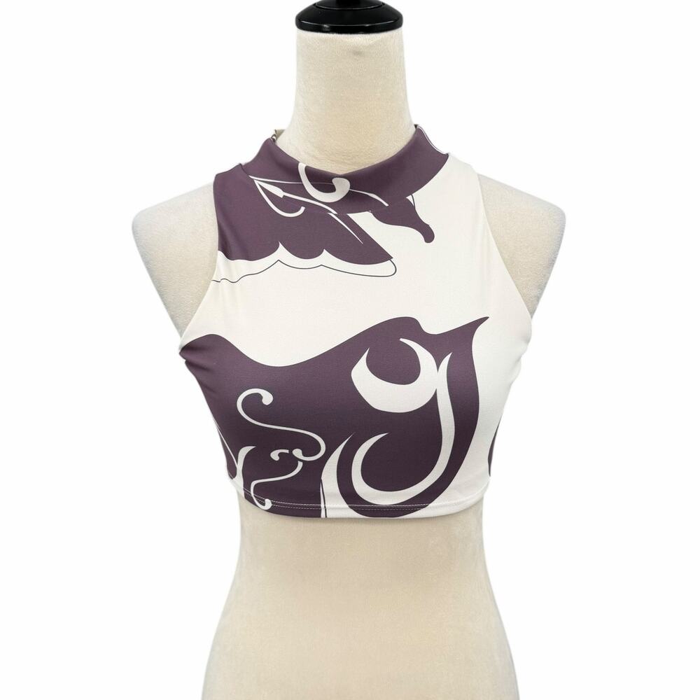 Noli Sz S Wine Cream Abstract Print Mock Neck Crop Top Yoga Barre Legging Set - Picture 2 of 11